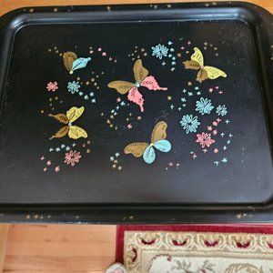 1960 butterfly metal tray black with pink, yellow and blue butterflies nashco